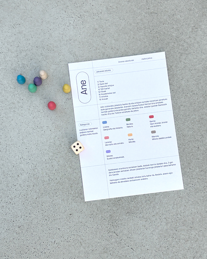 Un folleto con las instrucciones del juego y un dado encima del folleto.